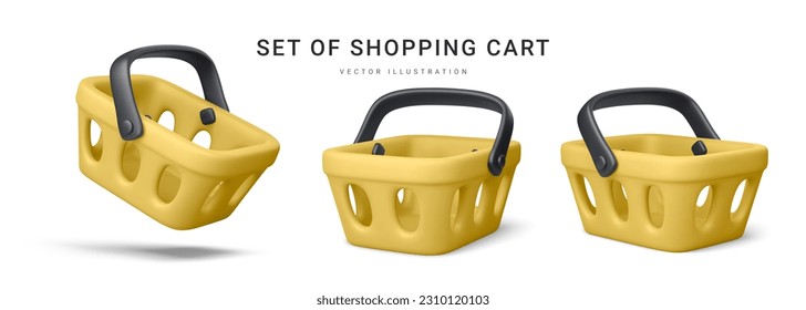 Set of 3d realistic yellow plastic shopping cart isolated on white background. Vector illustration