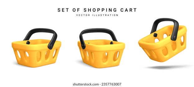 Set of 3d realistic yellow plastic shopping cart isolated on white background. Vector illustration