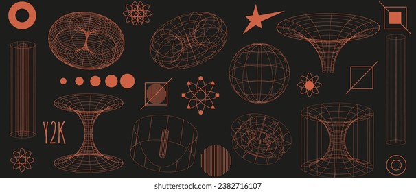 Set 3d red abstract Geometric y2k aesthetic elements and wireframe shapes. Red Geometry shapes retro design. Vector illustration for social networks, web pages, banners and posters.