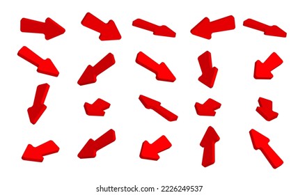 Set of 3d red arrow vectors with different shapes and directions. Arrow. Cursor. Modern simple arrows.