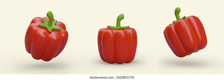 Set von 3D roten Glockenpapern im Cartoon-Stil. Paprika mit Schatten auf hellem Hintergrund. Einzeln Vektorbild von Gemüsepaprika. Realistisches Reifenkapsikum von verschiedenen Seiten