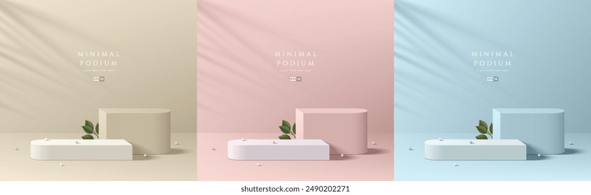 Set of 3D red, blue and beige product podium background with green leaf. Abstract composition in minimalist design. 3D Studio display showroom product pedestal, Fashion stage showcase mockup scene.