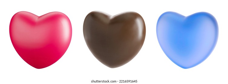 Set of 3d red, blue and chocolate realistic hearts