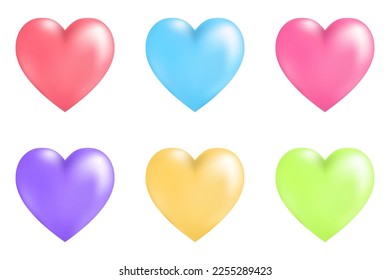 Set of 3D red, blue, pink, purple, yellow, green heart isolated on white background. Happy valentine day elements decoration for card, brochure, poster, leaflet, banner, etc. Vector illustration