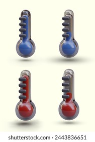 3D-Thermometer in Rot und Blau mit verschiedenen Anzeigen. Kalt und heiß