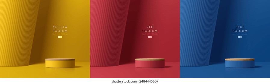 Set of 3D red, blue and yellow product podium background with Inclined roman pole. Abstract composition minimalist design. Studio display showroom product pedestal, Fashion stage showcase mockup scene