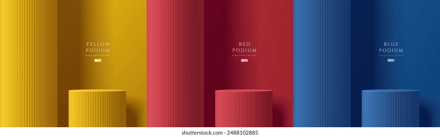 Set of 3D red, blue and yellow product podium background with huge pillars. Abstract composition in minimalist design. 3D studio display showroom product pedestal, Fashion stage showcase mockup scene.