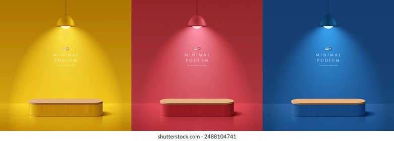 Set of 3D red, blue, yellow round product podium background with hanging lamps. Abstract composition minimalist design. Studio display showroom product pedestal, Fashion stage showcase mockup scene