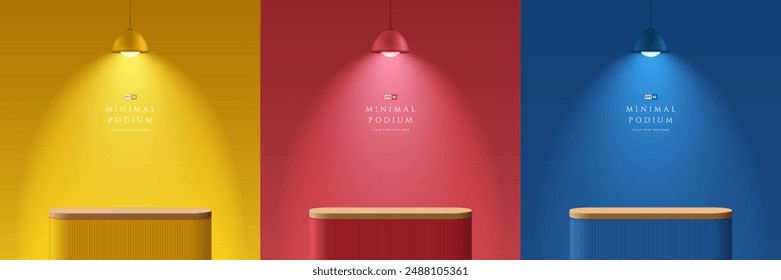 Set of 3D red, blue, yellow round product podium background with hanging lamps. Abstract composition minimalist design. Studio display showroom product pedestal, Fashion stage showcase mockup scene