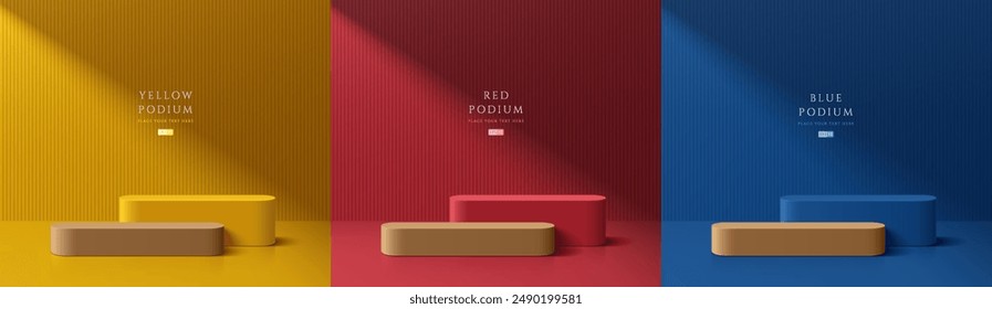 Set of 3D red, blue, yellow and brown wood round product podium background. Abstract composition in minimalist design. 3D studio display showroom product pedestal, Fashion stage showcase mockup scene.