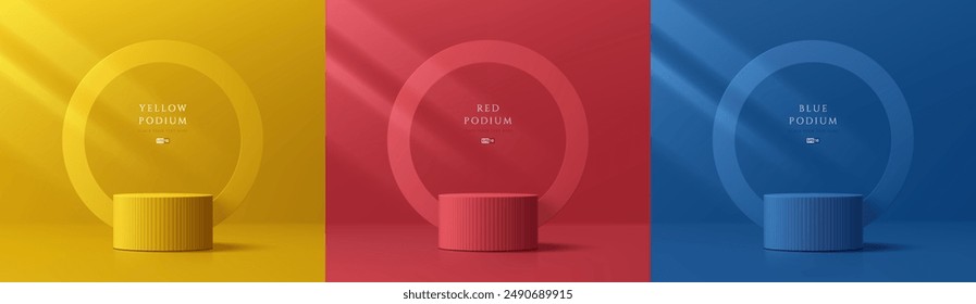 Set of 3D red, blue and yellow podium background with circle ring backdrop. Abstract composition in minimalist design. 3D studio display showroom product pedestal, Fashion stage showcase mockup scene.