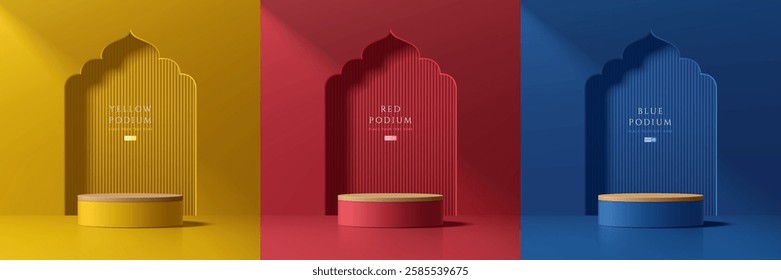 Set of 3D red, blue and yellow product podium background. Ramadan Kareem concept. Abstract composition minimalist design. Studio display showroom product pedestal, Fashion stage showcase mockup scene.