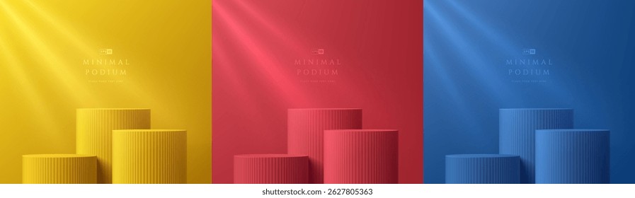 Set of 3D red, blue and yellow podium background. Abstract composition in minimalist design. 3D studio room display showroom product pedestal, Fashion stage showcase mockup scene. Empty space.