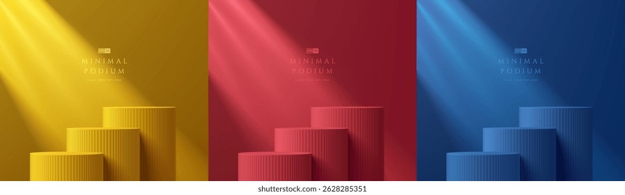 Set of 3D red, blue and yellow podium background. Abstract composition in minimalist design. 3D studio room display showroom product pedestal, Fashion stage showcase mockup scene. Empty space.