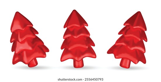 Set 3d red Christmas tree . Glossy New year and xmas abstract tree shapes.