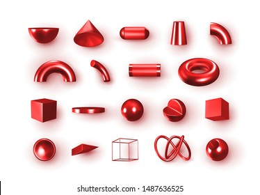 Conjunto de objetos de formas geométricas 3d rojas. Elementos geométricos realistas aislados sobre fondo blanco, sobre degradado de color metálico. Representar la figura decorativa del burdeos para el diseño. ilustración vectorial