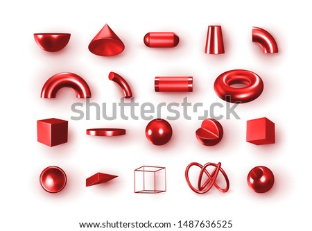 Set of 3d red Geometric Shapes Objects. Realistic geometry elements isolated on white background, on metallic color gradient. Render Decorative burgundy figure for design. vector illustration