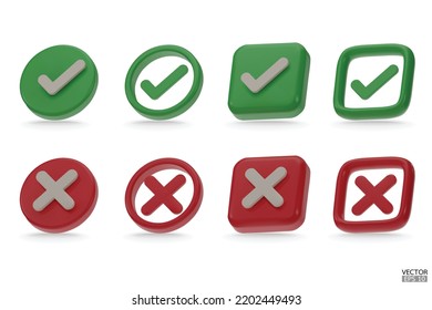 Satz von 3D-Zeichensätzen für rote, grüne Markierung und X-Markensymbole. Markieren Sie das richtige Symbol und kreuzen Sie das Zeichen an. überprüfen und deaktivieren Sie Web- und Mobile-Apps. 3D-Vektorgrafik.