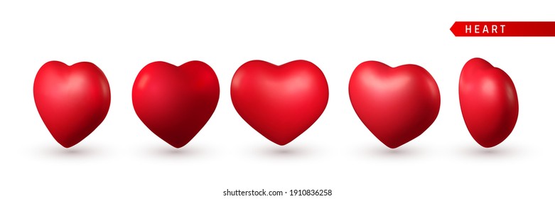 Set of 3d Red Heart. Love symbol isolated on white background. Vector illustration.