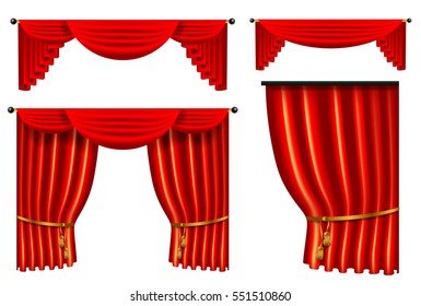 set of 3d red luxury silk curtain, realistic interior decoration velvet draperies collection, vector illustration isolated on white