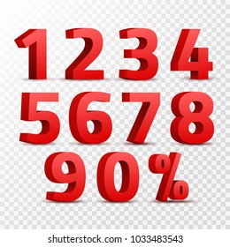 Set Of 3D Red Numbers Sign. 3D Number Symbol With Percent Discount Design Isolated.