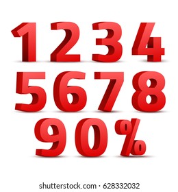 Set of 3D red numbers sign. 3D number symbol with percent discount design.