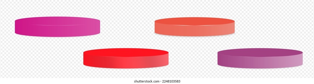 Set of 3d Red and pink round podiums with shadows. Reddish magenta platform. Pink product showcase platform. Showroom pedestals. Vector Illustration Mock up. EPS 10.