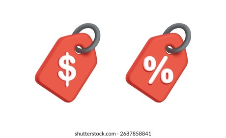 Set von 3D roten Preisschildern mit Prozent und Dollar. Moderne Ikone. Für die Konzepte der Rabatte auf Waren und Dienstleistungen. Vektorgrafik.