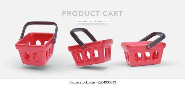 Set of 3d red realistic shopping cart with shadow isolated on white background. Vector illustration