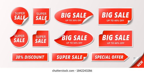 Set of 3D red sale tags with white frame, realistic discount tag for sale promotion, special offer or new products, in various shapes like rectangular, round, oval, square, suitable for promotion 
