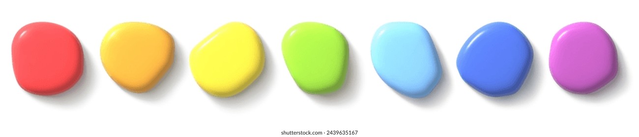 Set 3d render abstract liguid shapes. Colored rainbow paint splash with shadow on a white background. Realistic isolated vector illustration for card, party, design, flyer, web, advertising
