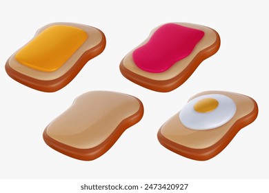 Set 3d render bread slice with butter, jam, egg in realistic glossy style. Cute cartoon food element. Bright vector illustration isolated on transparent background.