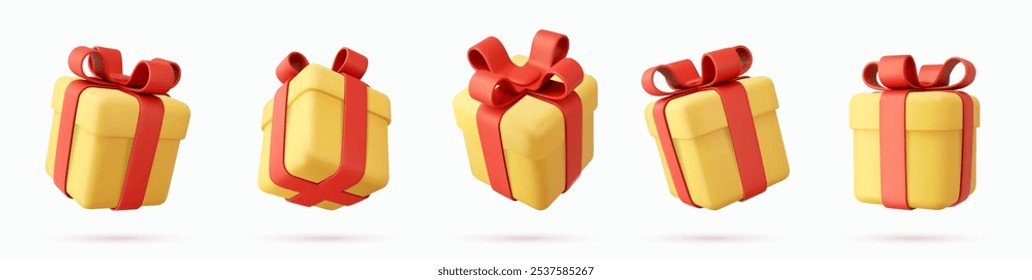 Set of 3d render christmas gifts box isolated on white background. Holiday decoration presents. Festive gift surprise. Realistic icon for birthday or wedding banners. Vector illustration.