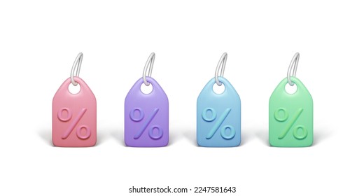 Establezca cupones de descuento de procesado 3D con signo de porcentaje. Etiqueta de precio de papel con diferentes variaciones de color y etiquetas realistas con sombras. Precio especial ofrece cupón de venta. Ilustración del vector 