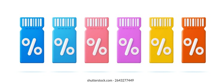 set 3d render discount coupons with percentage sign. Voucher card cash back template design with coupon code promotion. Premium special price offers sale coupon. Vector illustration