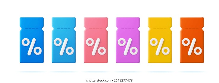 set 3d render discount coupons with percentage sign. Voucher card cash back template design with coupon code promotion. Premium special price offers sale coupon. Vector illustration