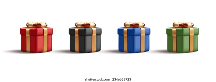 set of 3d render gift box illustration with golden shiny ribbon bow and wrapped in coloured glossy paper