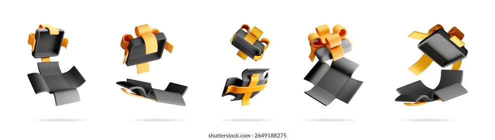 Set of 3d render gift boxes with orange ribbons. Vector collection of flying open and closed boxes. Surprise or sale concept.