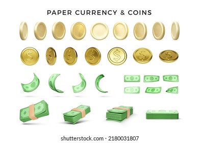 Set 3D render gold coins   green paper currency  Wad green dollars for business banners   concepts  Realistic money in cartoon style  Vector illustration