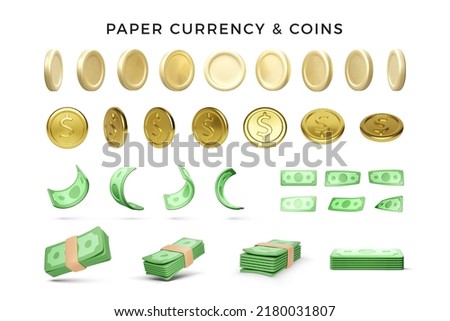 Set of 3D render gold coins and green paper currency. Wad of green dollars for business banners and concepts. Realistic money in cartoon style. Vector illustration