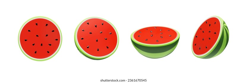 Set 3D render half of watermelon. Realistic healthy berry. Vector illustration in clay style. Sweet ripe organic food for vegetarian. Juicy fresh snack in summer season. Tasty nutrition huge slice