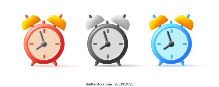 Set of 3d render icons of clock, stylized modern graphic of vintage clock