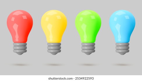 Defina lâmpadas de renderização 3d isoladas no plano de fundo cinza. Ideia de criatividade, sucesso nos negócios, conceito de estratégia. Ícone de vetor realista para cartão postal, pôster, banner, web, design, artes, publicidade