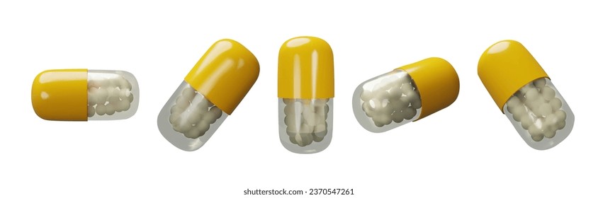 Set 3D render long yellow pills. Realistic plastic treatment. Medicine care tablet. Pharmacy chemical cure, drug, antibiotic, vitamin, painkiller. Vector illustration about health in plastic style