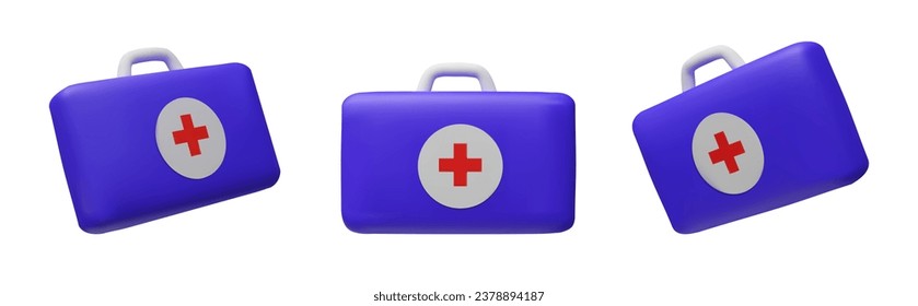 Conjunto de estuches médicos de procesamiento 3D. Kit de primeros auxilios para ilustración de vectores, caja de emergencia. Bolsa de cuidado médico del hospital de Plasticina. Símbolo de seguridad, ayuda urgente. Objeto de caricatura de la Cruz Roja. Colección de farmacia