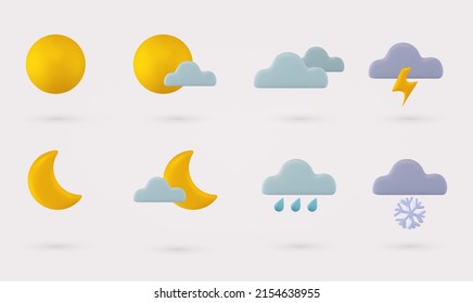 Set of 3d render meteorology icons. Weather cute realistic icon set. 