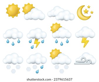 Set of 3d render meteorology icons. Weather conditions and various forecast icons. Vector illustration. Eps 10.