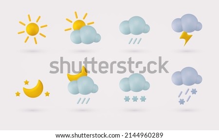 Set of 3d render meteorology icons. Weather cute realistic icon set. 