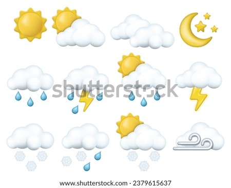 Set of 3d render meteorology icons. Weather conditions and various forecast icons. Vector illustration. Eps 10.