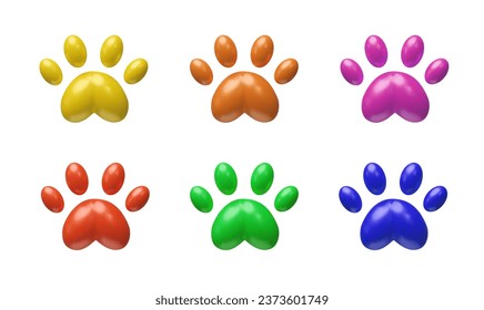 Set aus 3D-Rendering-Pfow. Tierfüßer von Hunden, Welpe. Cute veterinärmedizinisches Symbol. Vektorgrafik im Plastikstil. Sammlung in verschiedenen Farben von Silhouetten, Design des Footprint